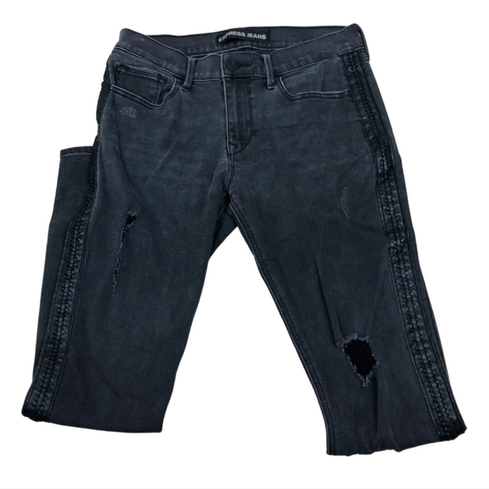 Express Jeans Womens Black Wash Skinny Jeans Lace‎ Trim Distressed Detail Size 4